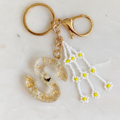 Daisy Blossom Initial Keychain with Real Flower Accents