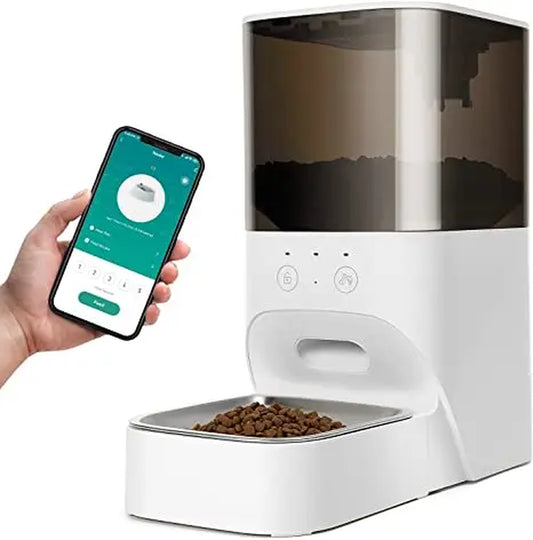 Fluffydream Pet Feeder,4L Automatic Cat Feeder with APP Control,30S Voice Recorder,2.4G Wi-Fi Enabled,Food Grade Stainless Steel Bowl,Pet Lock Safe Reliable,Dual Power Automatic Cat Feeder, White