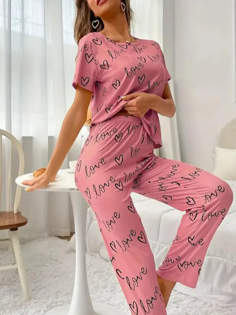 Women'S 2Pcs Heart Letter Print Tee & Elastic Waist Pants Pyjama Set, Summer Clothes Women, Casual Comfy Short Sleeve round Neck T-Shirt & Trousers, Lady Homewear PJ Set, Women'S Sleepwear for Summer