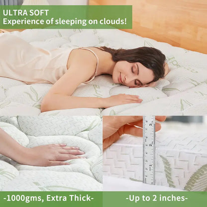 【Summer Sale】Oboey Bamboo Mattress Topper 1000GSM with 1 Pillow Protector&Eye Mask, Side Pocket, Waterproof Mattress Protector, Cooling Extra Thick Breathable Mattress Pad Cover,8-21” Deep Pocket