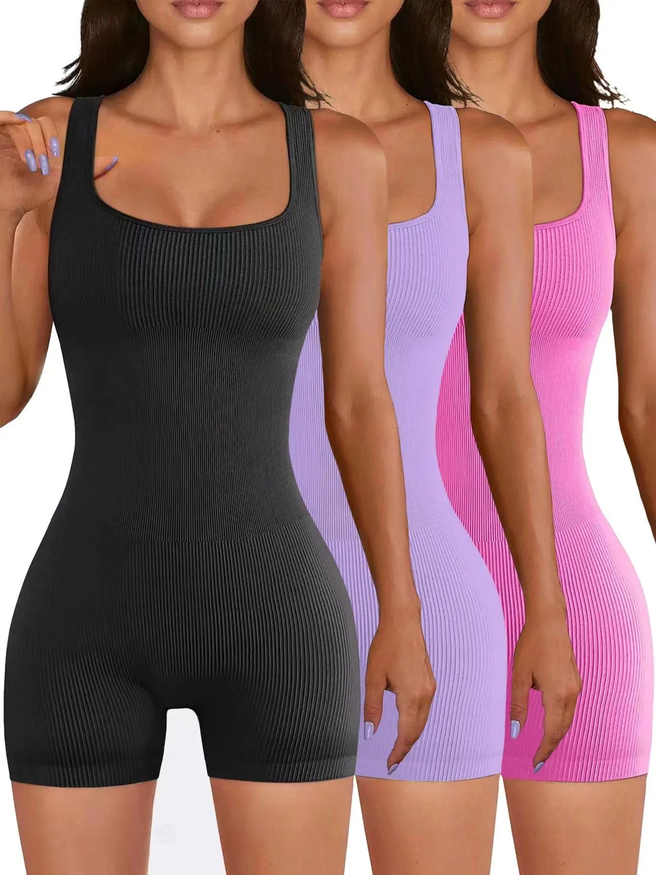 Women'S 3Pcs Plain Scoop Neck Sports Bodysuit, Casual Sleeveless Ribbed Sports Jumpsuit for Yoga Gym Workout, Ladies Sportswear Clothing for Indoor Outdoor Wear