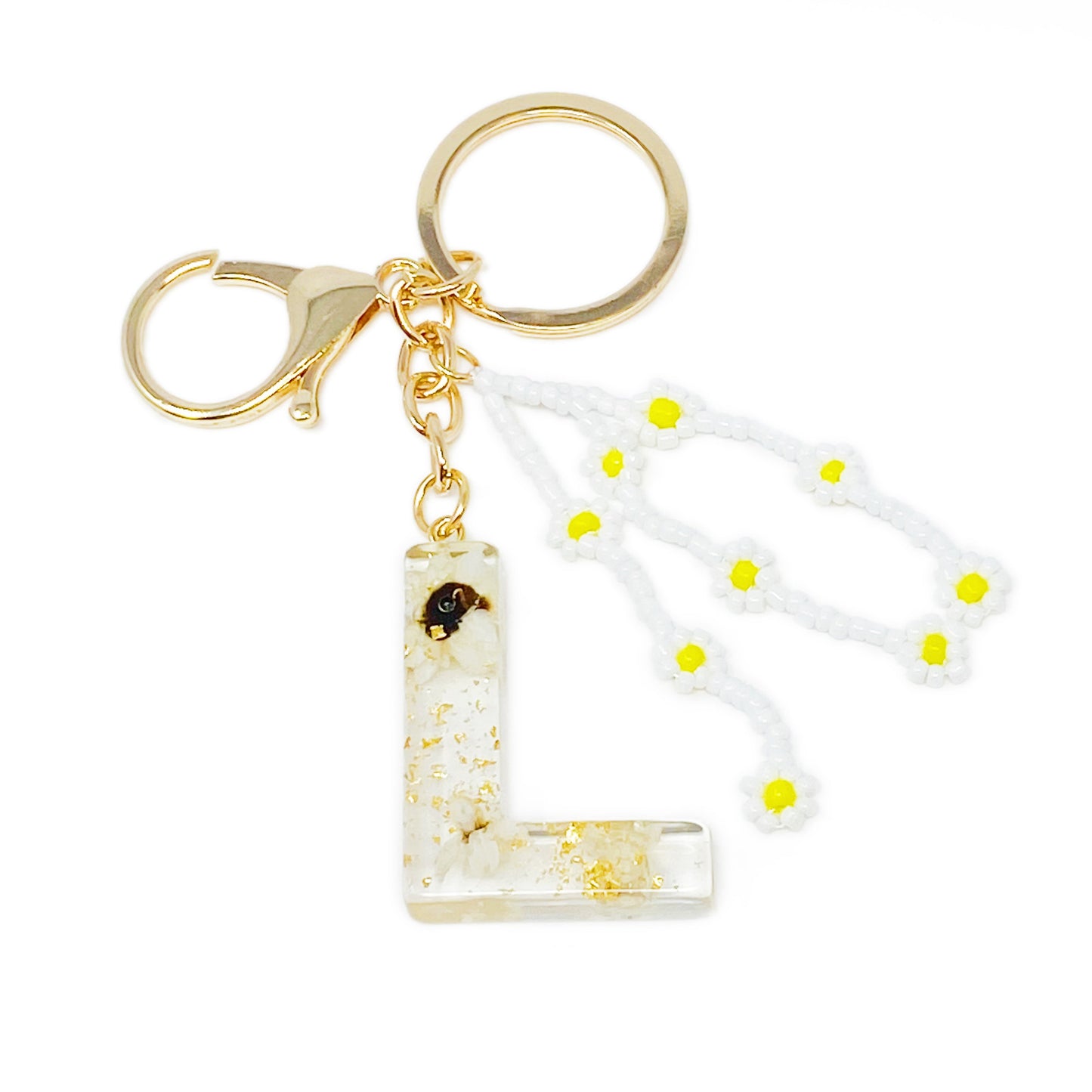 Daisy Blossom Initial Keychain with Real Flower Accents