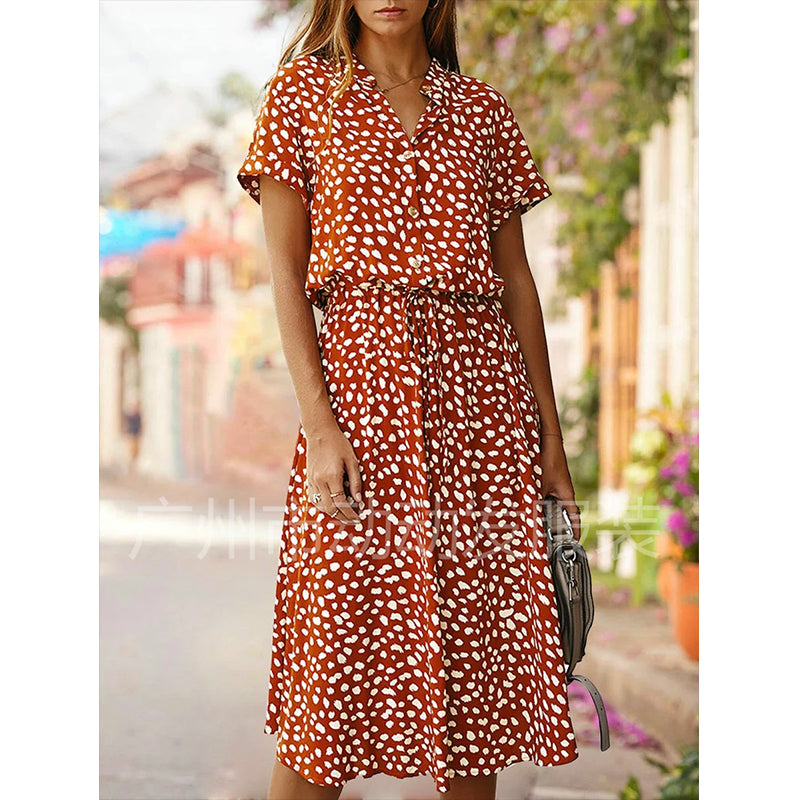 Bohemian Leopard Print Shirt Dress with Polka Dot Accents