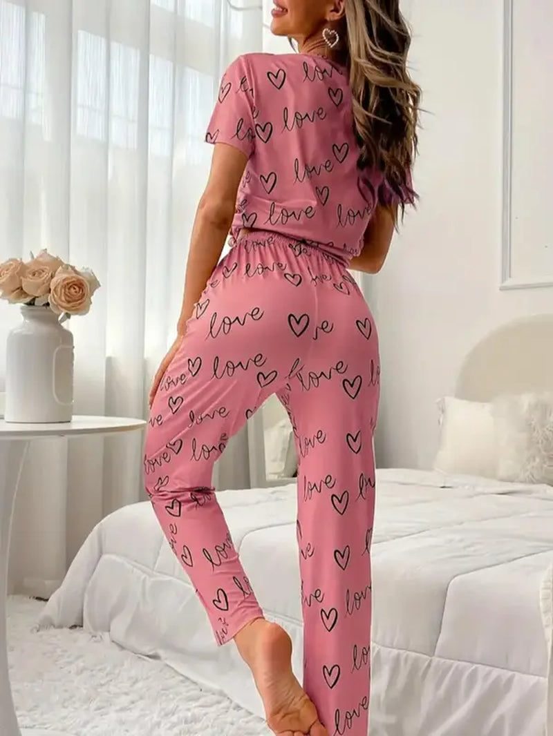 Women'S 2Pcs Heart Letter Print Tee & Elastic Waist Pants Pyjama Set, Summer Clothes Women, Casual Comfy Short Sleeve round Neck T-Shirt & Trousers, Lady Homewear PJ Set, Women'S Sleepwear for Summer