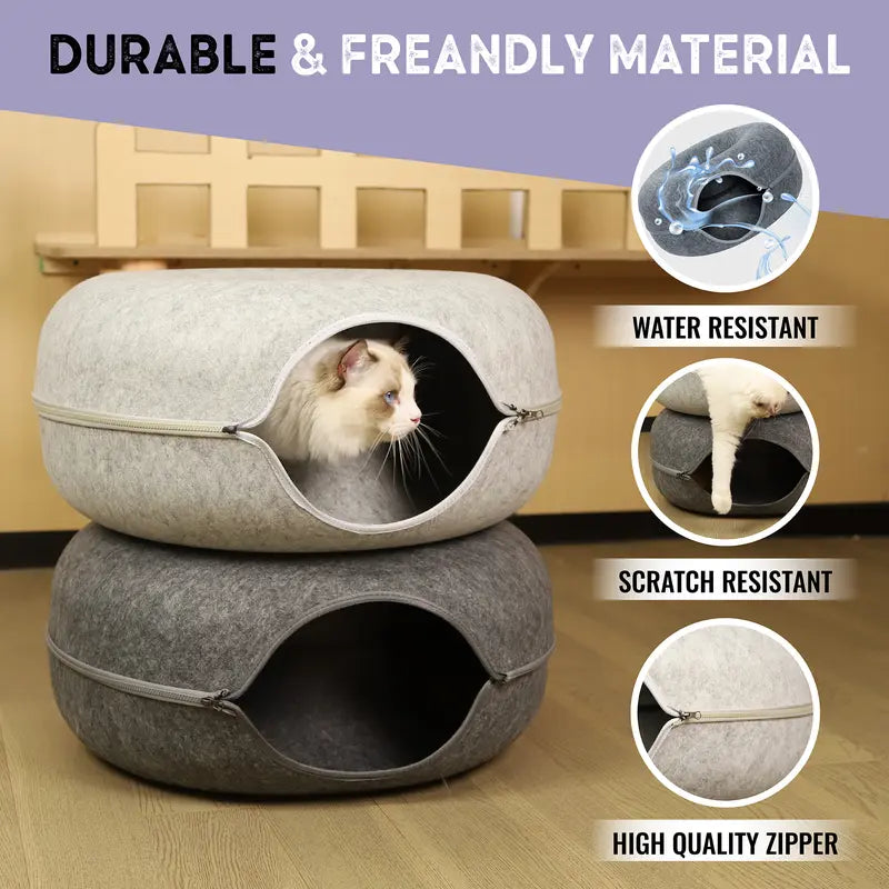 Cat Tunnel Bed for Indoor Cats, Large Cat Cave Bed, Scratch Resistant & Washable Cat Donut Bed, Cat Home, 20 Inch Light Grey, Easy to Assemble, Cats Love It