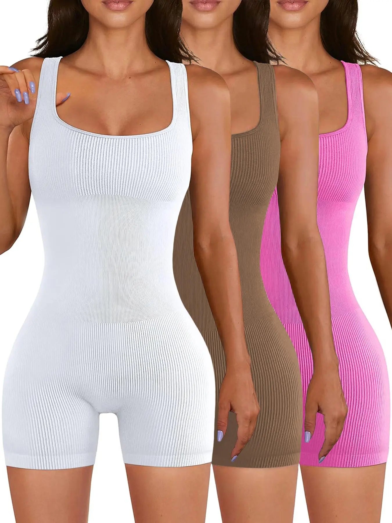 Women'S 3Pcs Plain Scoop Neck Sports Bodysuit, Casual Sleeveless Ribbed Sports Jumpsuit for Yoga Gym Workout, Ladies Sportswear Clothing for Indoor Outdoor Wear