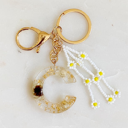 Daisy Blossom Initial Keychain with Real Flower Accents