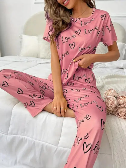 Women'S 2Pcs Heart Letter Print Tee & Elastic Waist Pants Pyjama Set, Summer Clothes Women, Casual Comfy Short Sleeve round Neck T-Shirt & Trousers, Lady Homewear PJ Set, Women'S Sleepwear for Summer