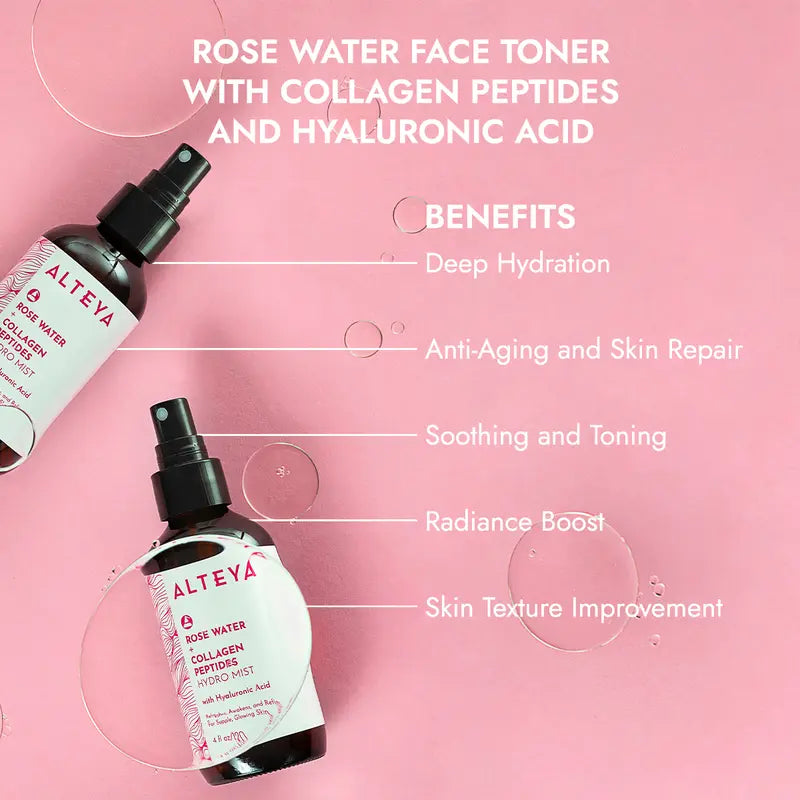 Alteya Rose Water Hydration Face Toner with Collagen Peptides and Hyaluronic Acid - Hydrating Facial Skincare