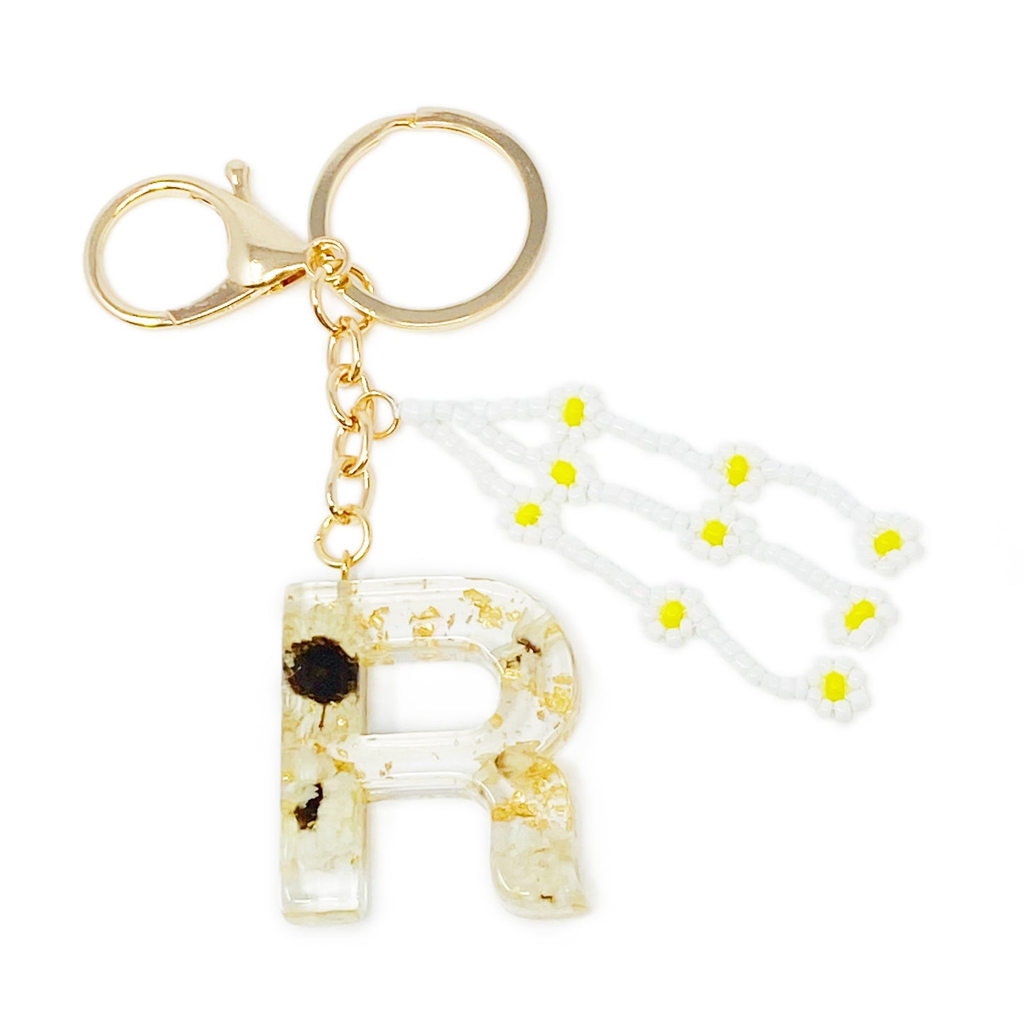 Daisy Blossom Initial Keychain with Real Flower Accents