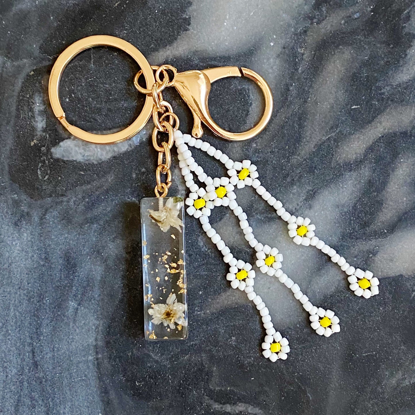 Daisy Blossom Initial Keychain with Real Flower Accents