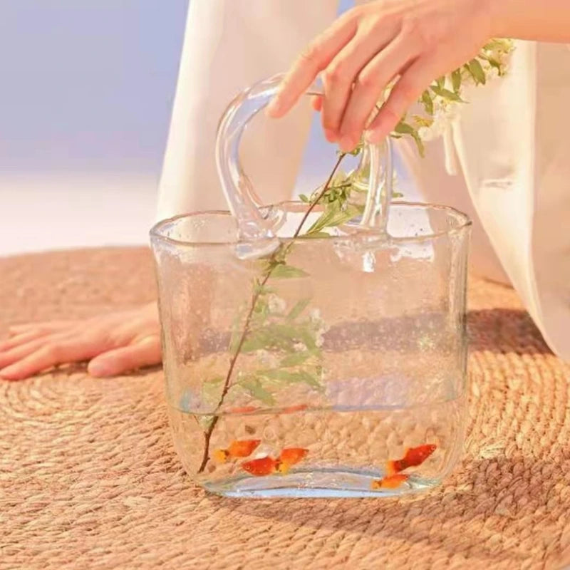 Clear Glass Vase Fish Tote Bag Flower Handbag Bag Vase Desktop Centerpiece for School Office Bedroom Decoration