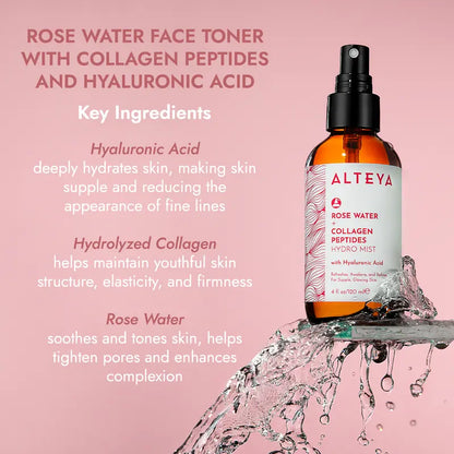 Alteya Rose Water Hydration Face Toner with Collagen Peptides and Hyaluronic Acid - Hydrating Facial Skincare