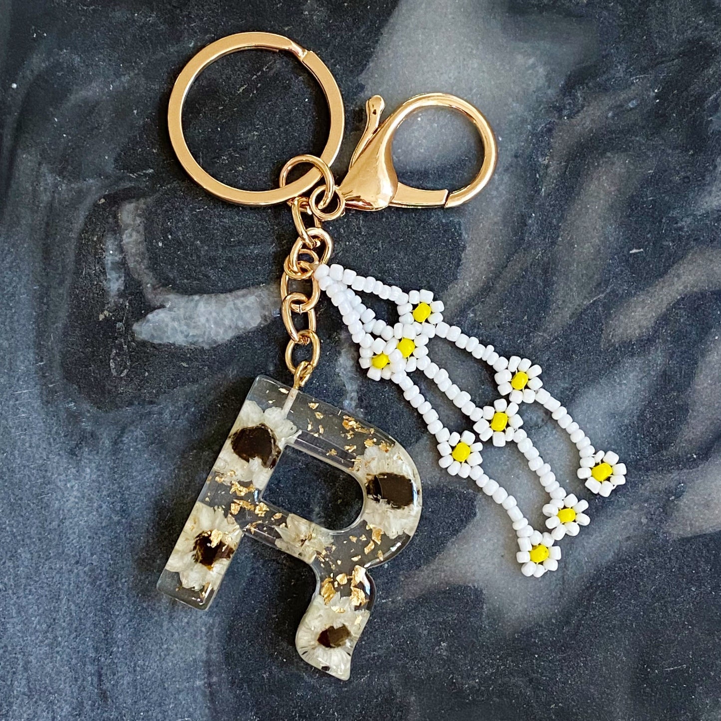 Daisy Blossom Initial Keychain with Real Flower Accents