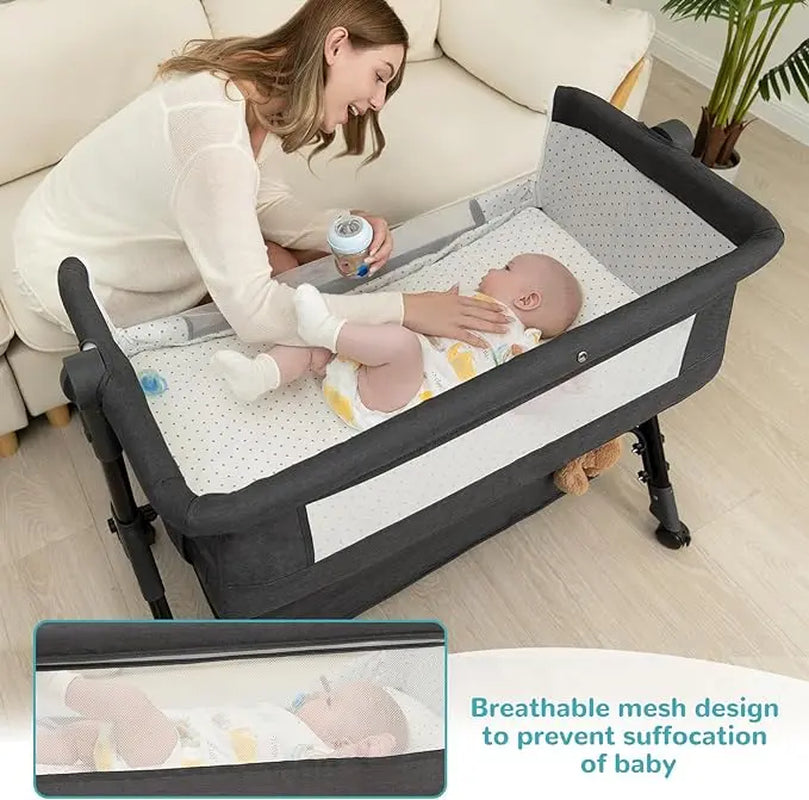 Foalom Baby Bassinet, Bedside Crib for Baby, Mother'S Day Special, Baby Cradle with Storage Basket and Mosquito Nets, Easy Folding Bedside Sleeper Adjustable Hight Portable Baby Bed for Infant Newborn