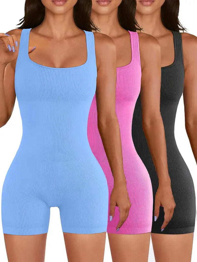 Women'S 3Pcs Plain Scoop Neck Sports Bodysuit, Casual Sleeveless Ribbed Sports Jumpsuit for Yoga Gym Workout, Ladies Sportswear Clothing for Indoor Outdoor Wear