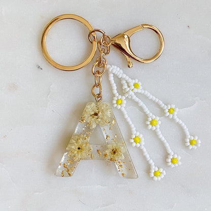 Daisy Blossom Initial Keychain with Real Flower Accents