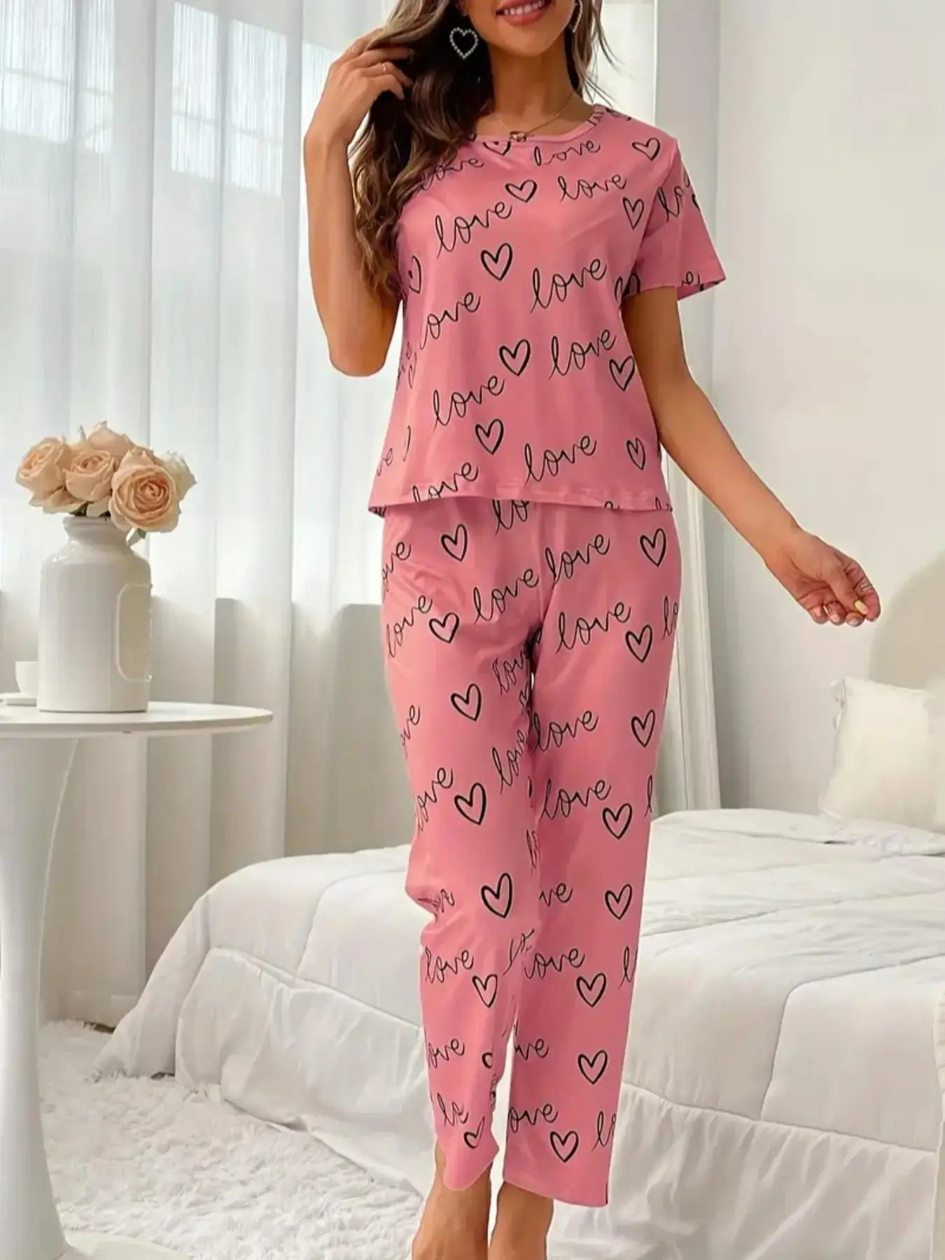 Women'S 2Pcs Heart Letter Print Tee & Elastic Waist Pants Pyjama Set, Summer Clothes Women, Casual Comfy Short Sleeve round Neck T-Shirt & Trousers, Lady Homewear PJ Set, Women'S Sleepwear for Summer