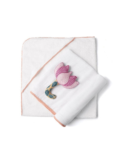 Newborn Luxe Bamboo Essentials Trio - Hooded Towel, Swaddle + Rattle