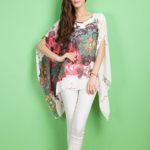 Peony Floral Batwing Chiffon Top for Women
