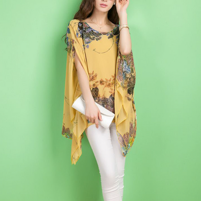 Peony Floral Batwing Chiffon Top for Women