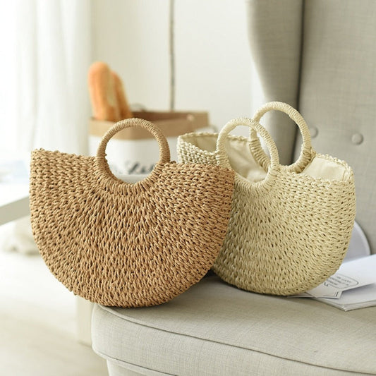 Summer Semi-Circle Straw Bag with Top Handle