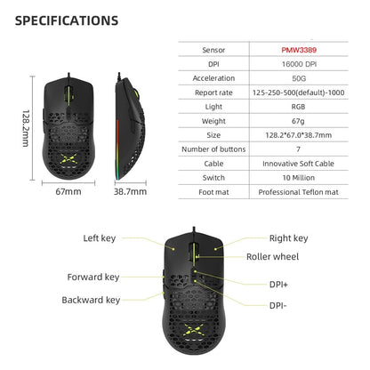 High Precision 16000 DPI RGB Gaming Mouse with Perforated Shell