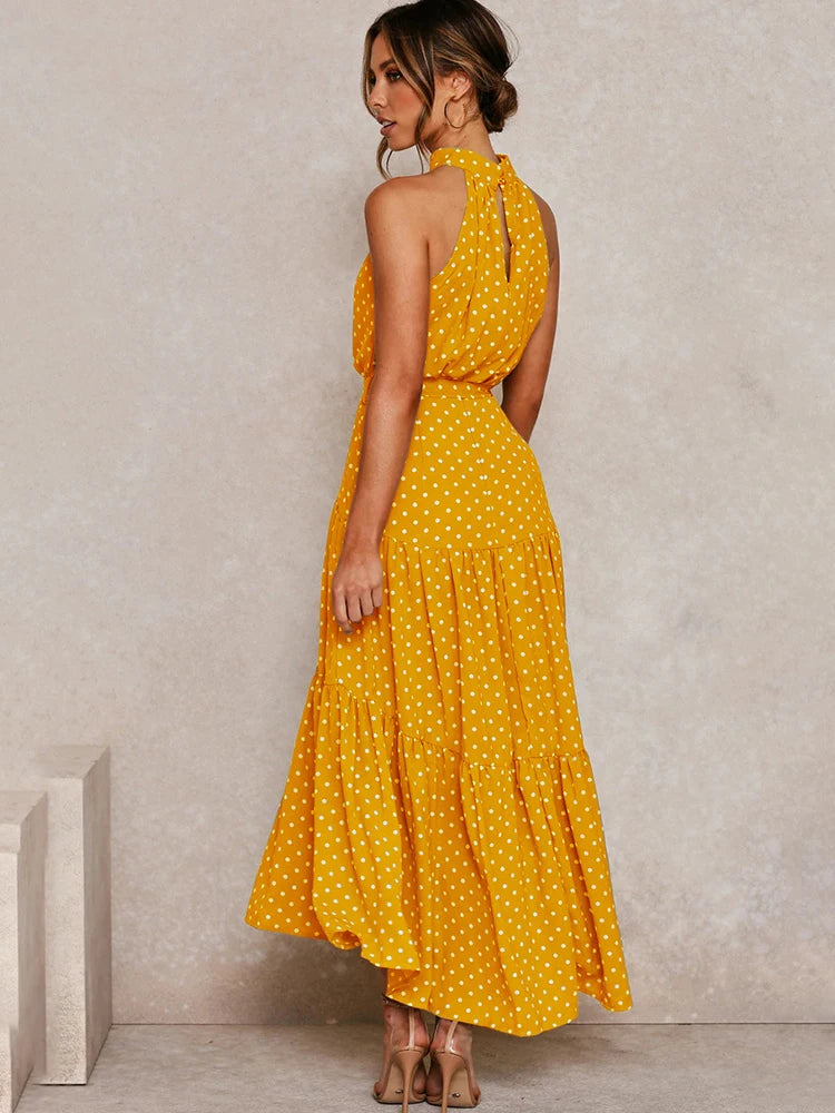 Yellow Polka Dot Halter Summer Dress - Women's Mid-Calf A-Line Vacation Apparel