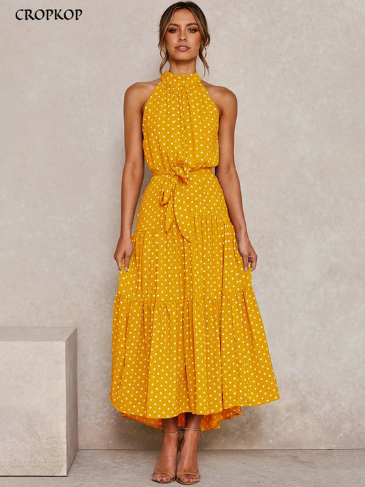 Yellow Polka Dot Halter Summer Dress - Women's Mid-Calf A-Line Vacation Apparel