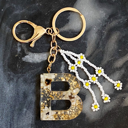 Daisy Blossom Initial Keychain with Real Flower Accents