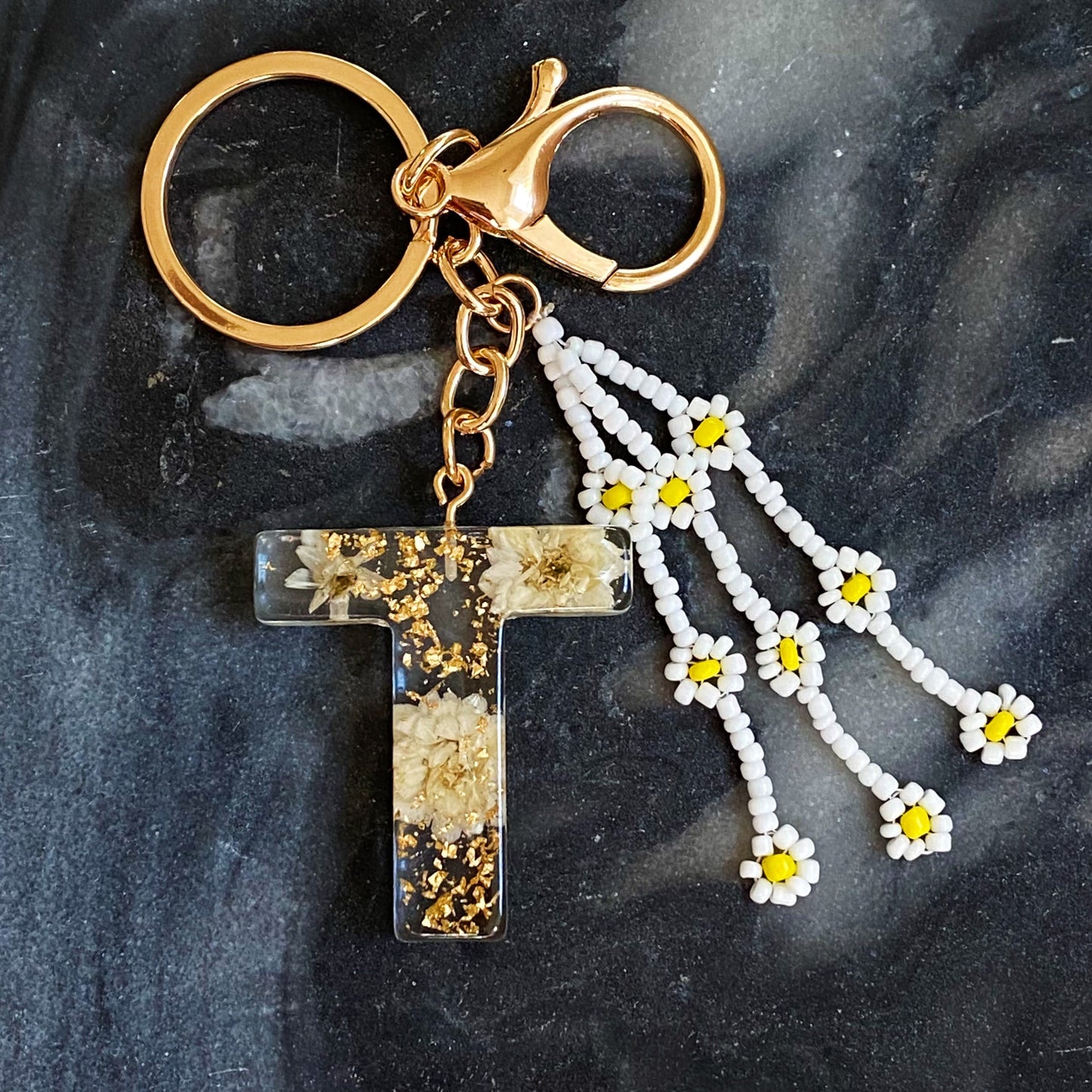 Daisy Blossom Initial Keychain with Real Flower Accents