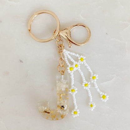 Daisy Blossom Initial Keychain with Real Flower Accents