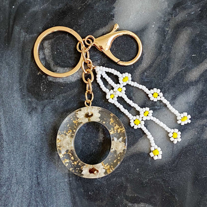 Daisy Blossom Initial Keychain with Real Flower Accents