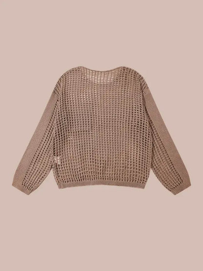 Women'S Solid Pocket Hollow Out round Neck Pullover Sweater, Casual Drop Shoulder Long Sleeve Jumper, Women'S Clothing Knitwear for Daily Wear, Spring Outfits 2024