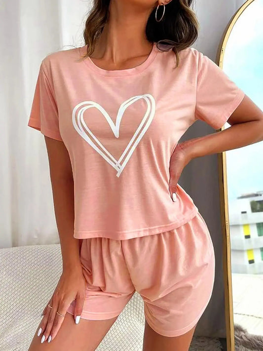 Women'S 2Pcs Heart Print Tee & Elastic Waist PJ Shorts Loungewear Set, Summer Clothes Women, round Neck Short Sleeve T-Shirt & Shorts PJ Set, Women'S Sleepwear for Summer