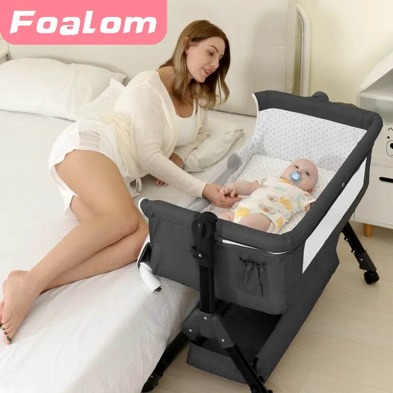 Foalom Baby Bassinet, Bedside Crib for Baby, Mother'S Day Special, Baby Cradle with Storage Basket and Mosquito Nets, Easy Folding Bedside Sleeper Adjustable Hight Portable Baby Bed for Infant Newborn