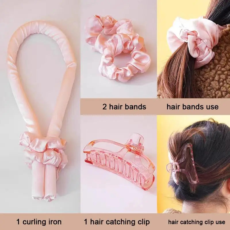 4Pcs/Set Hair Curling Sponge Rod with Silk Headbands and Hair Claw, Heatless Curling Rod, Effortless Hair Rolling Stick, Natural Curl Hair Styling Tools for School Hairstyles, Curled Hair Rollers to Sleep in Overnight