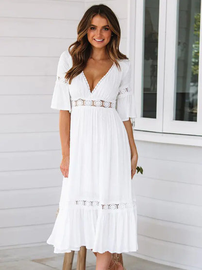 Elegant White Boho Dress: Stylish Summer Maxi Dress with V-Neck and Short Sleeves