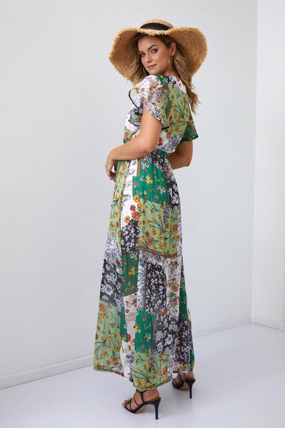 Elegant Green Floral Wrap Maxi Dress with Belt - FG646