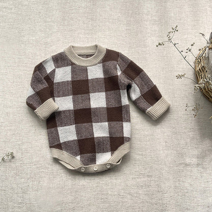 Cozy Plaid Knit Baby Onesie for Stylish Infants