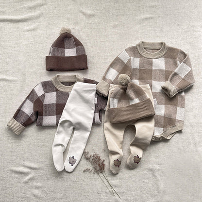 Cozy Plaid Knit Baby Onesie for Stylish Infants