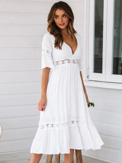 Elegant White Boho Dress: Stylish Summer Maxi Dress with V-Neck and Short Sleeves